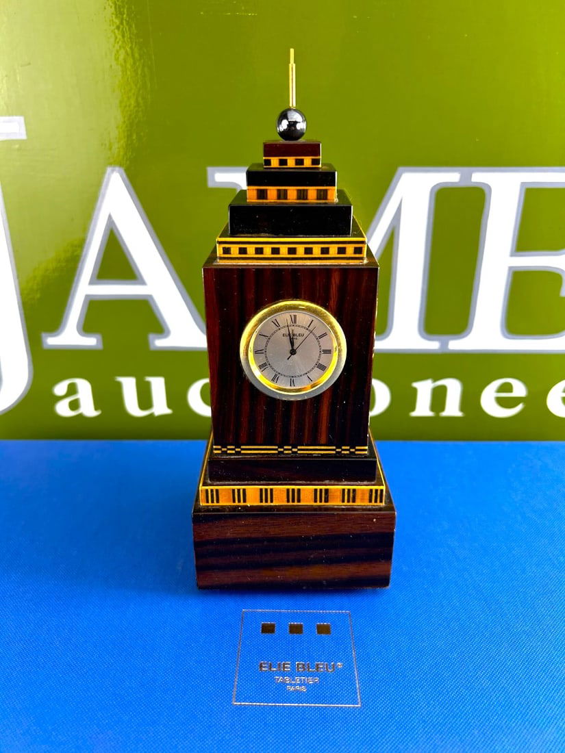 Elie Bleu Tabletier Decor Desk Clock: Elie Bleu Paris Table Clock, solid wood and clock as pictured, dimensions included. Mint & rare example. nEW BATTERY FITTED PERFECT WORKING ORDER. The Elie Bleu Tabletier Decor Desk Clock is a rar