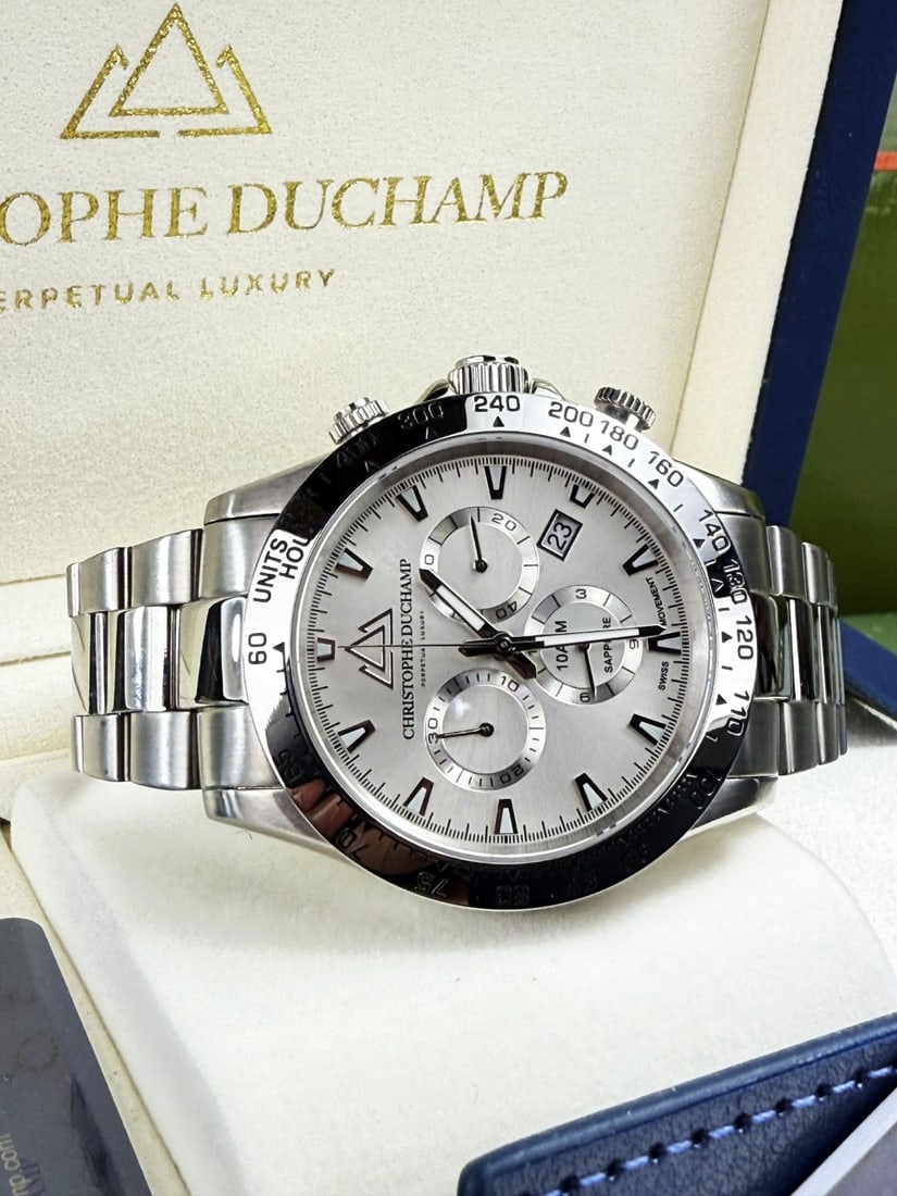 Christophe Duchamp 42mm Chronograph Grand Mont Gents Watch-Rrp £1750,: Christophe Duchamp 42mm Grand Mont Gent's Watch - CD7101-9, as pictured with original packaging, manual, warranty card etc. 100 Watewr resistance(untested). Saphire Crystal Glass. Sold Out Worldwide