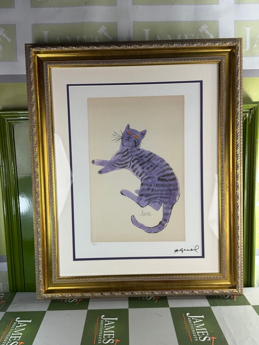 Andy Warhol-(1928-1987) `Plum Sam` Numbered Lithograph #17/100: Andy Warhol-(1928-1987) `Plum Sam` Numbered Lithograph #17/100. Professionally framed using museum quality perspex and double mount, gold finish ornate framed. Dimensions & number of limited
