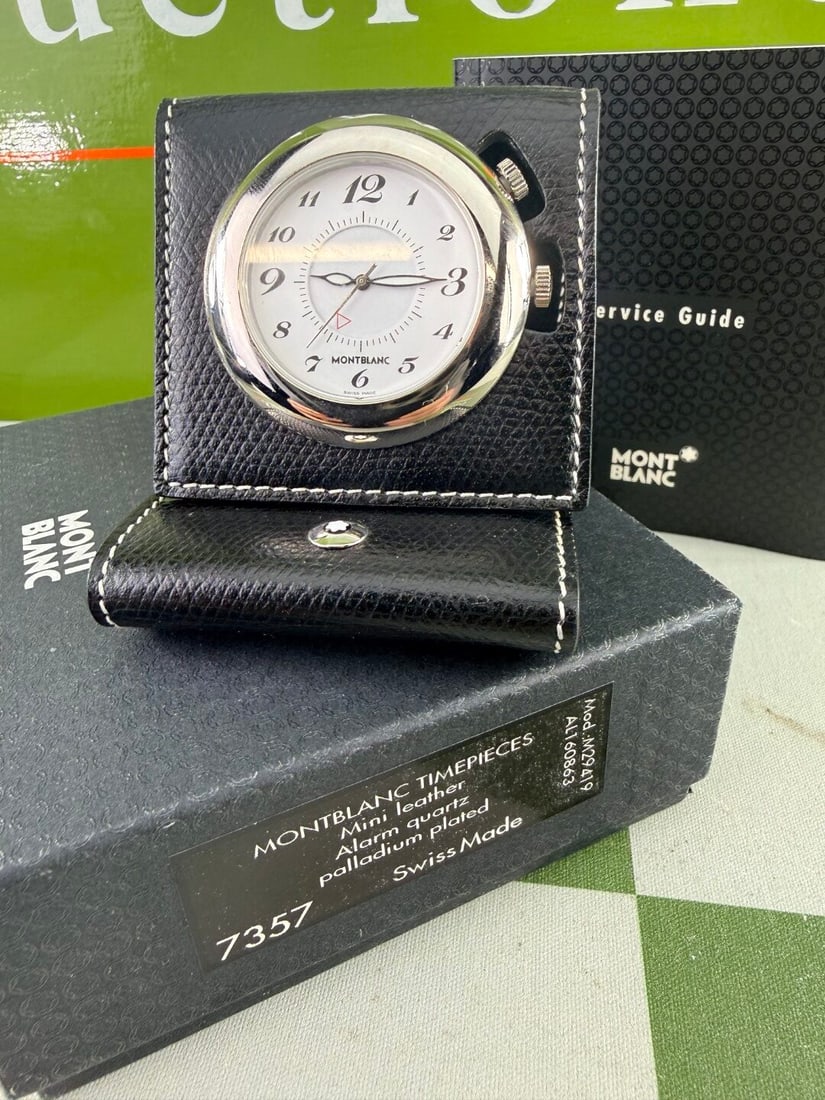 Montblanc Travel Desk clock With Alarm-Leather Case-New Battery - 2