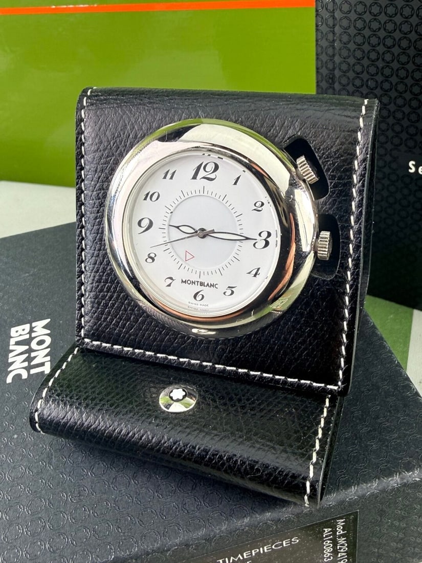 Montblanc Travel Desk clock With Alarm-Leather Case-New Battery - 3