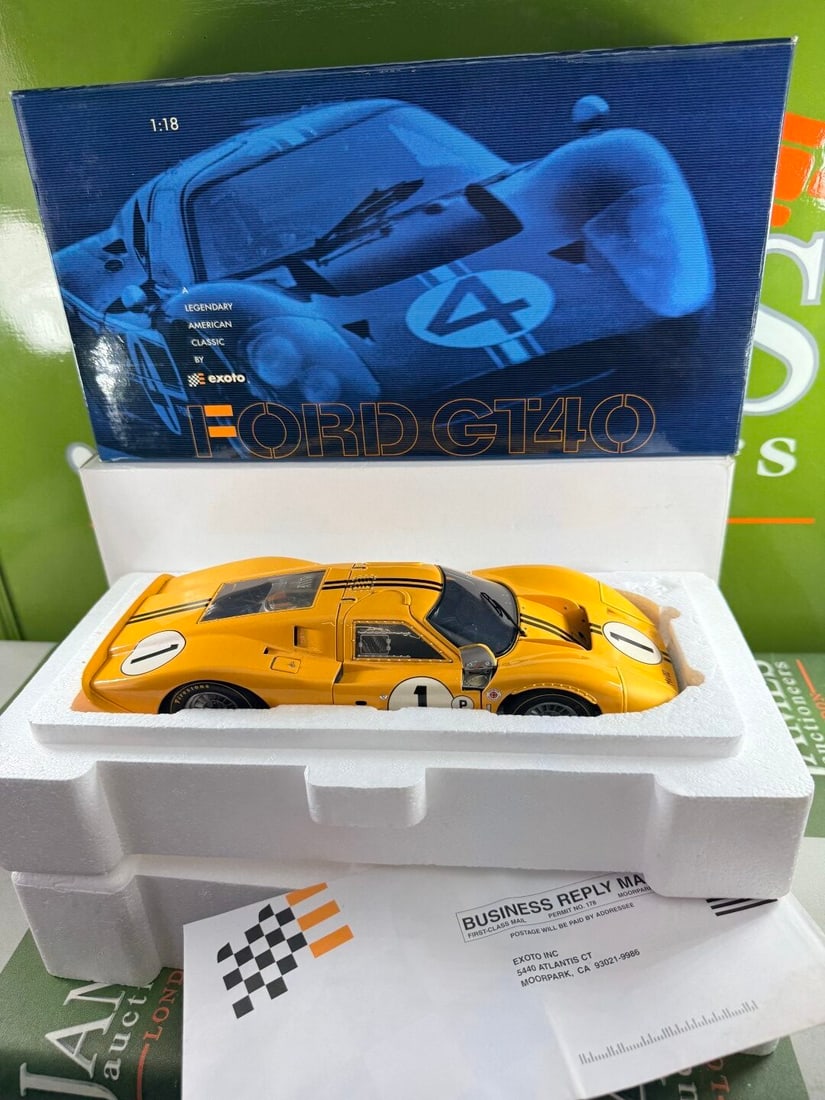 EXOTO 1:18 1967 YELLOW FORD GT #1 MK IV CAR RACING LEGENDS #1 Example: EXOTO; 1:18 diecast model of a Ford GT40 Mk IV,#1 Complete example mint and sold out