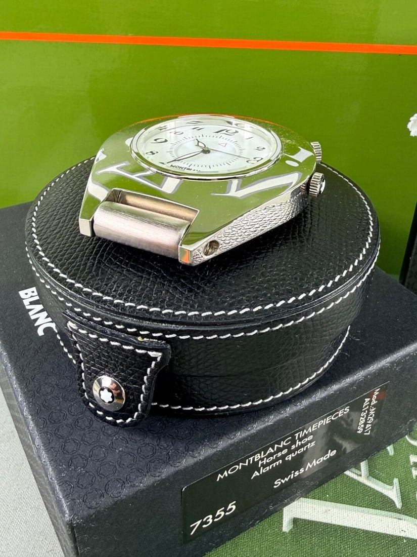 Montblanc Horse Shoe Edition Table/Desk Travel Clock In Leather Case - 7