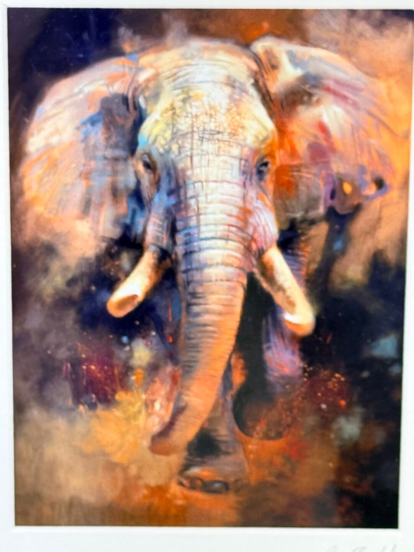 Elephant Charging Signed By Artist High Quality Framed Example - 2