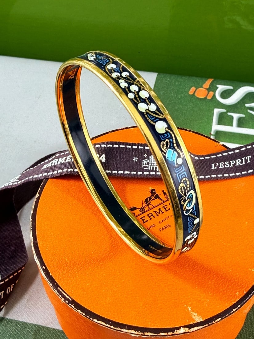 Hermes Paris Gold & Enamel Monogram Navy Bracelet - 3