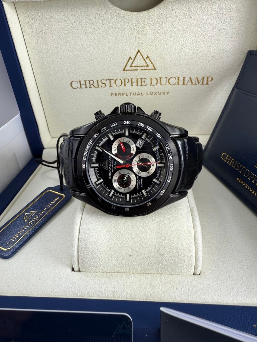 Christophe Duchamp Volcn Mens Chronograph Watch CD 7901-04: Christophe Duchamp. Volcán Men’s Chronograph Watch CD 7901-04 RRP £1850, appears unworn so auctioned as a mint condition example, tested as working at time of lotting, leather strap,