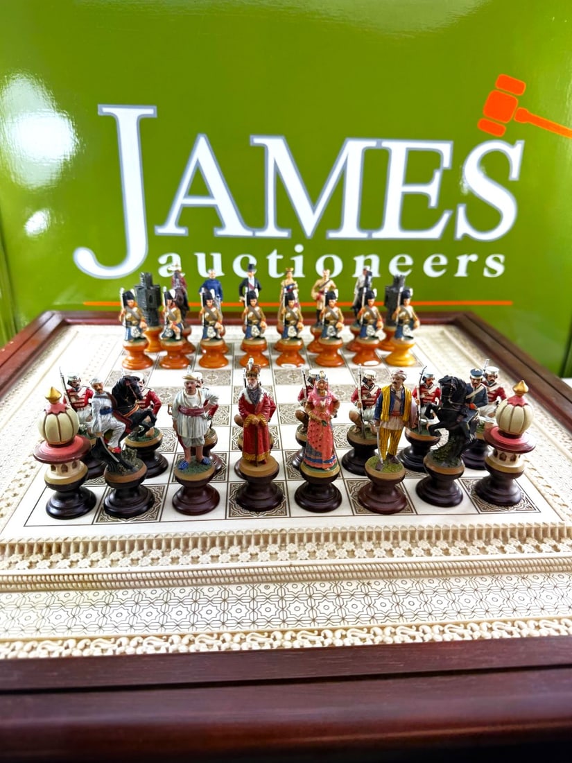 The Raj Hand Painted India-British War 1857 Game Chess With Table: "Franklin Mint The Raj Chess Set Board Game Complete & Very Rare Example, as pictured a complete example-Rare – 1987 Franklin Mint ‘The Raj’ Chess Set ""The RAJ"" hand painted