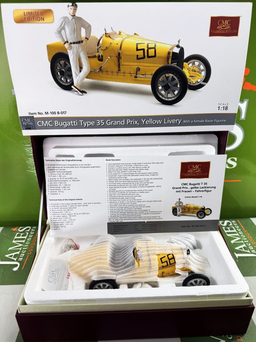 CMC 1/18 Scale Bugatti Type 35 Grand Prix, M-100-017-Very Rare complete Example.: A CMC M-100-017 1/18 scale diecast Bugatti Type 35 Grand Prix, yellow livery with a female racer figurine race car, with original tag, accessories and paperwork - VG/E in VG box