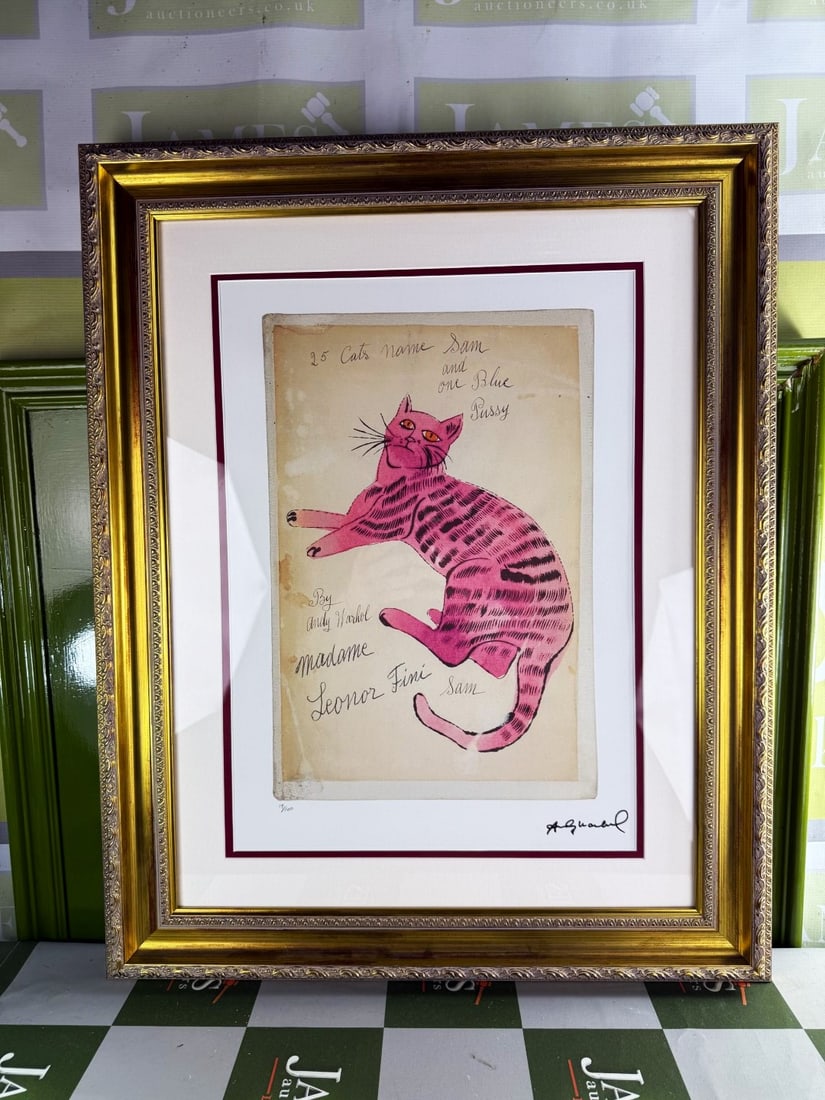 Andy Warhol-(1928-1987) `Pink Sam` Numbered Lithograph #19/100: Andy Warhol-(1928-1987) `Pink Sam` Numbered Lithograph #19 /100. Professionally framed using museum quality perspex and double mount, gold finish ornate framed. Dimensions & number of limited