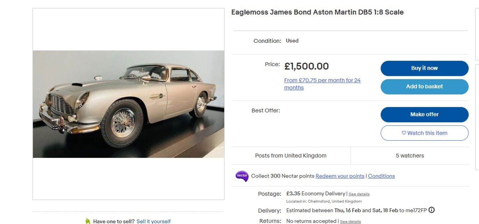 Hand Built Eaglemoss 1:8 Scale James Bond 1964 Aston Martin DB5, Goldfinger, Thunderball etc +Case - 7