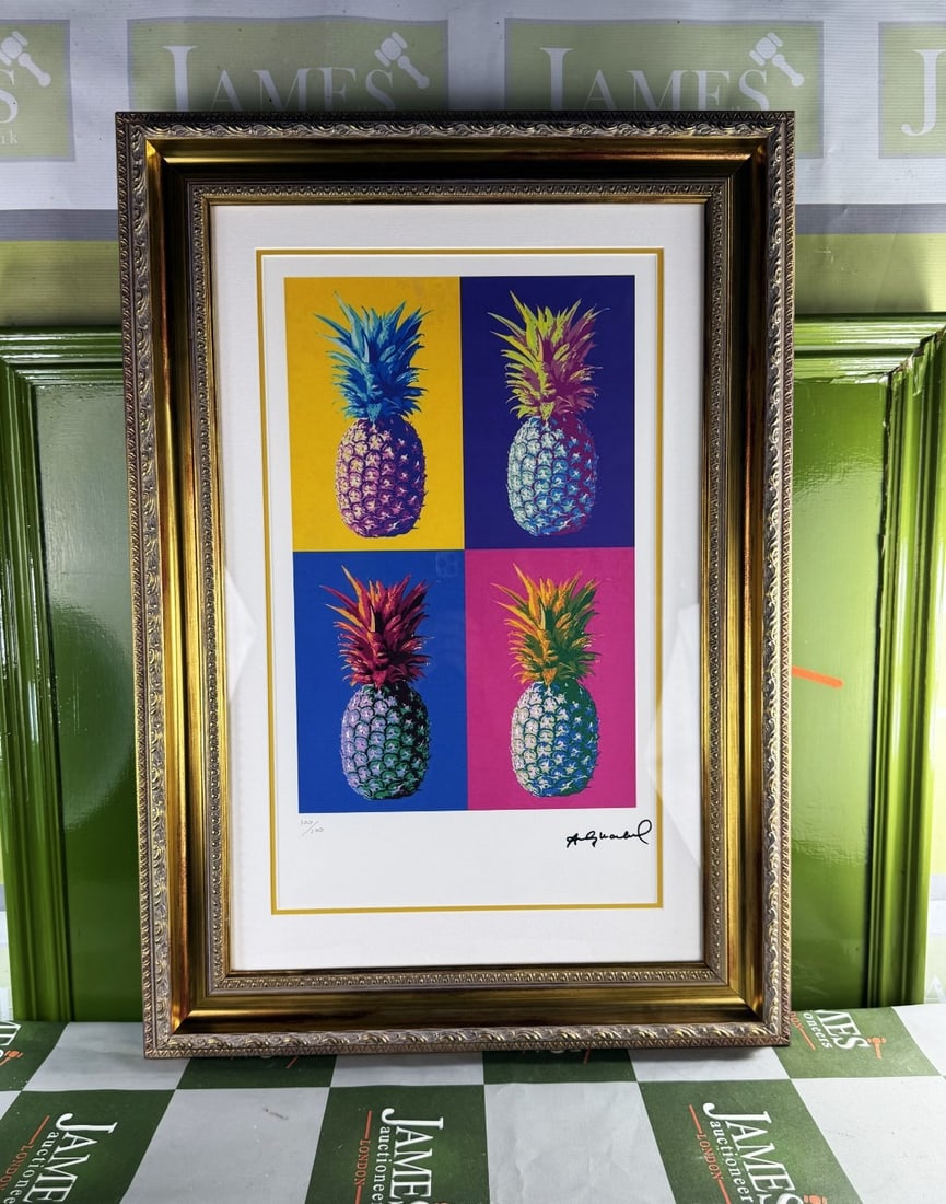 Andy Warhol (1928-1987) Pineapple Numbered Lithograph 100/100: Andy Warhol-(1928-1987) "Pineapple" Castelli NY Original Numbered Lithograph of #100/100 as pictured. Professionally framed using museum quality perspex and double mount, gold finish ornate framed.Dim