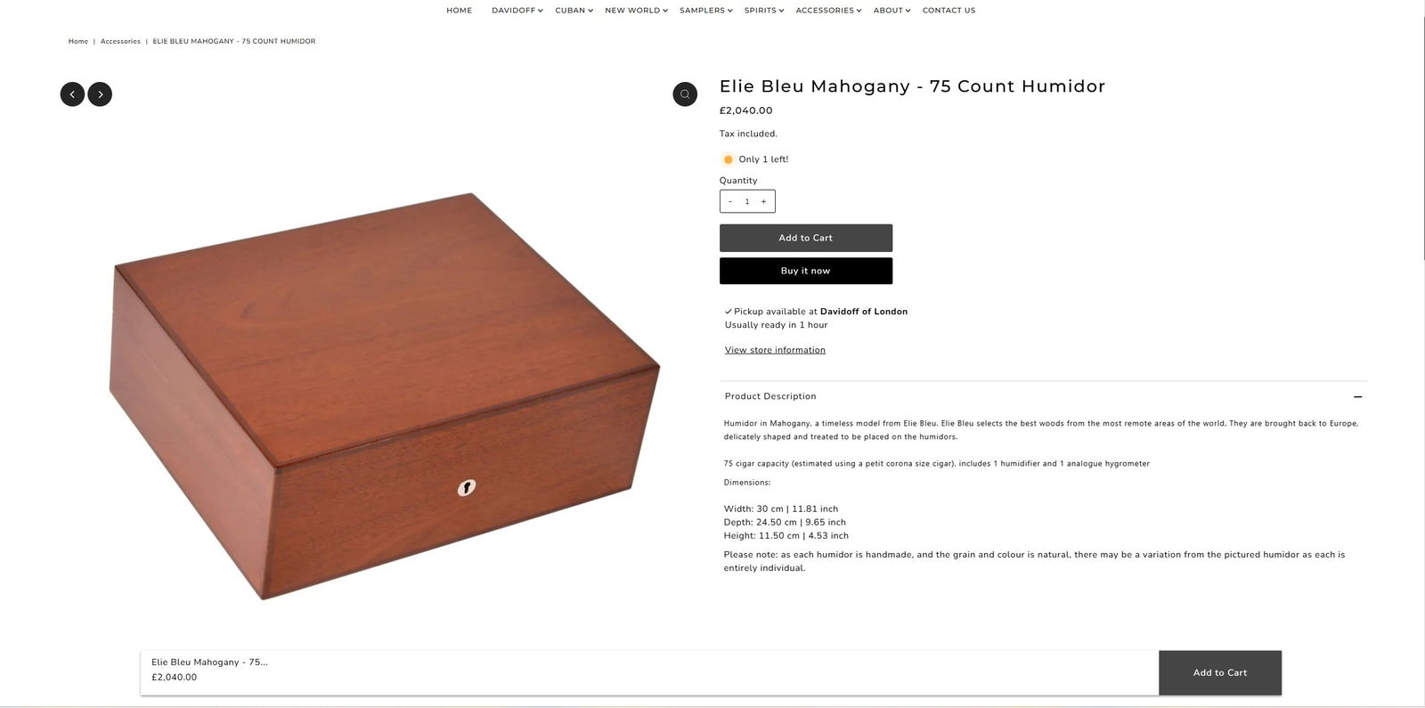 Elie Bleu Handmade Mahogany 75 Count Humidor Rrp- £ 2k - 12
