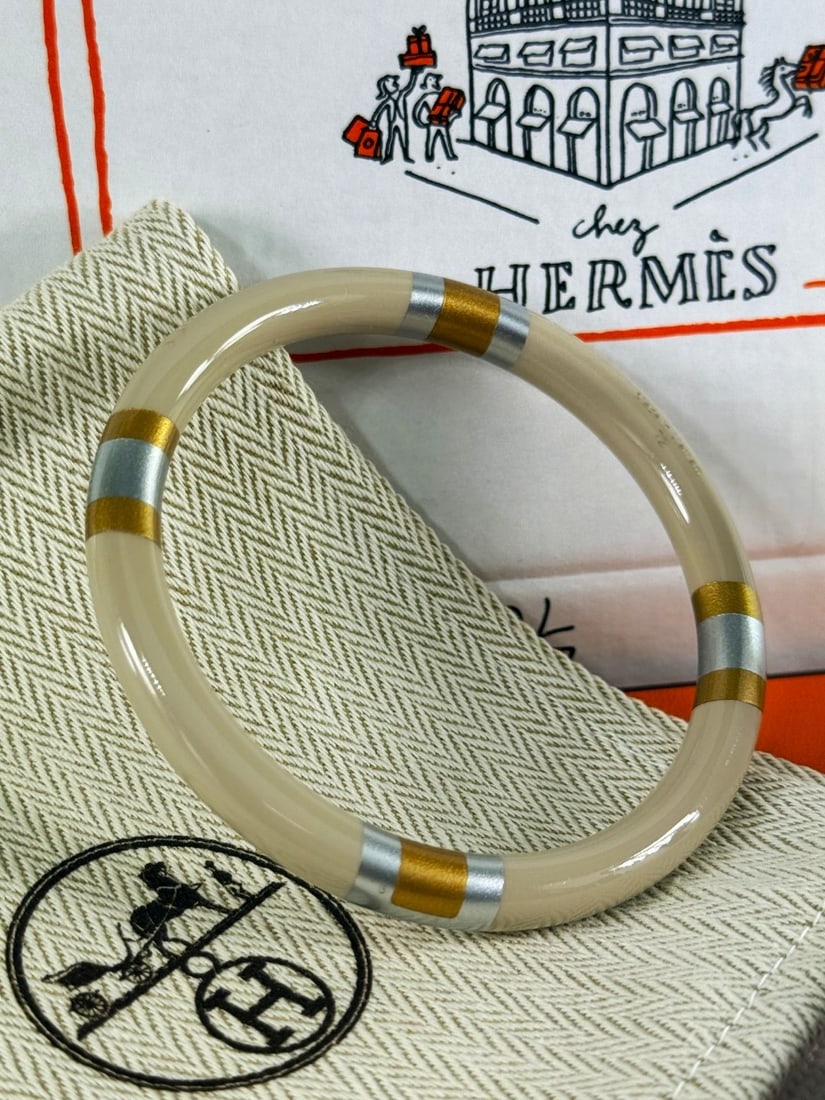 Hermes Paris H Equipe T2 Beige Gold Silver Bangle - 2