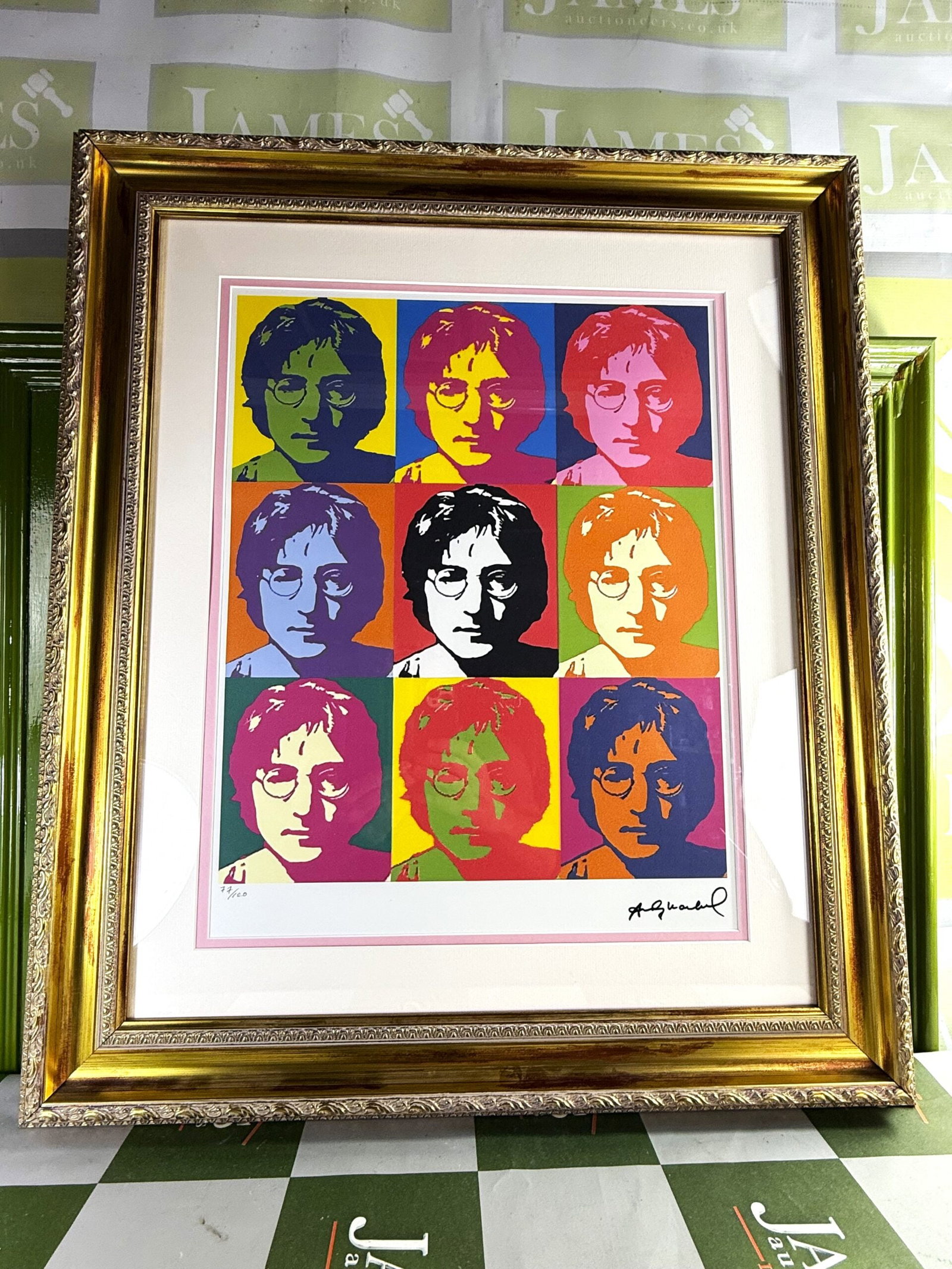 Andy Warhol (1928-1987) John Lennon 77/100 Face Numbered Lithograph: Andy Warhol-(1928-1987) " Face Lennon" Numbered Lithograph.#77/100 Professionally framed using museum quality perspex and double mount, gold finish ornate framed.Dimensions & number of limited