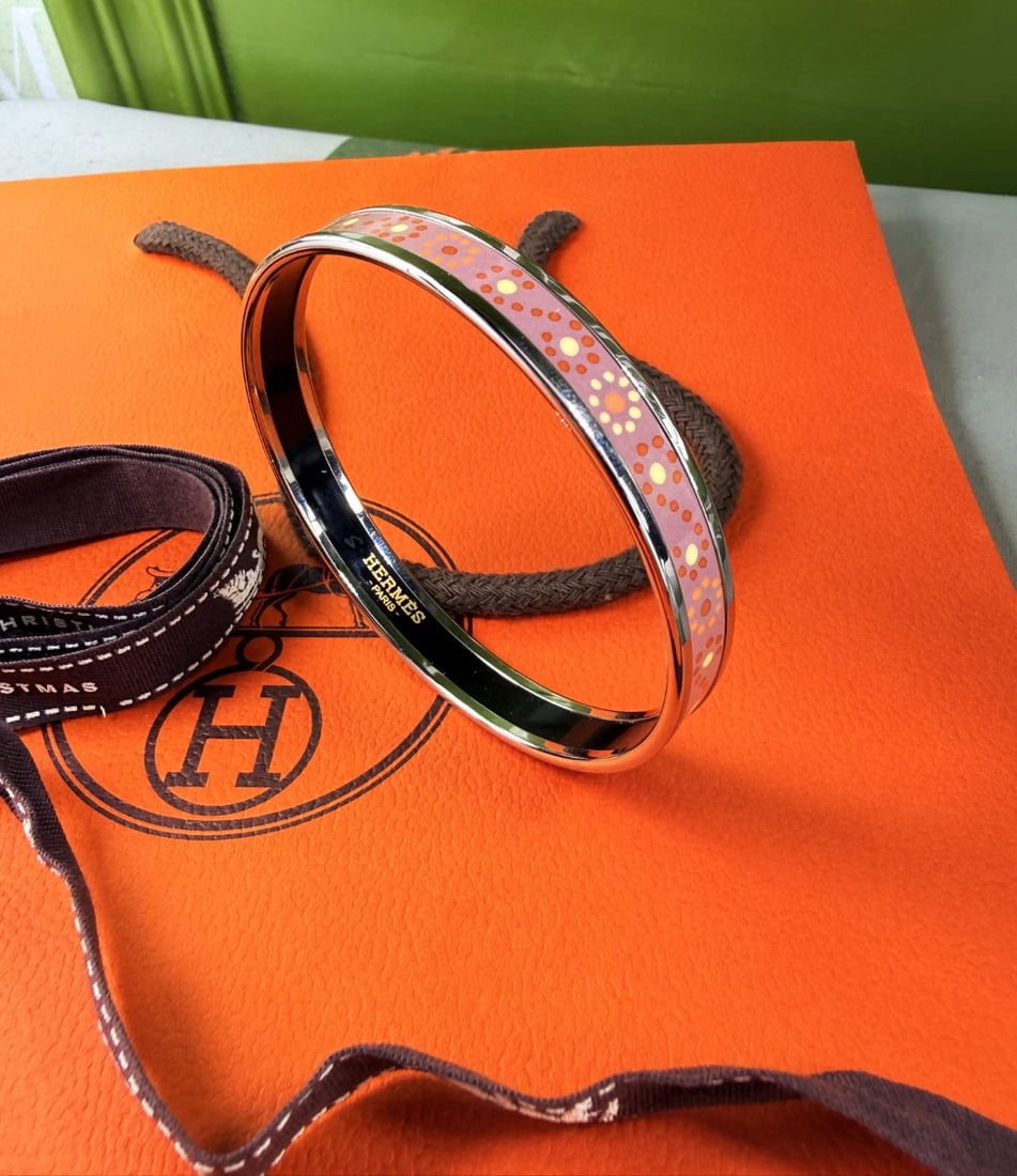 Hermes Paris Silver & Pink Enamel Patterened Bangle (1 of 4)