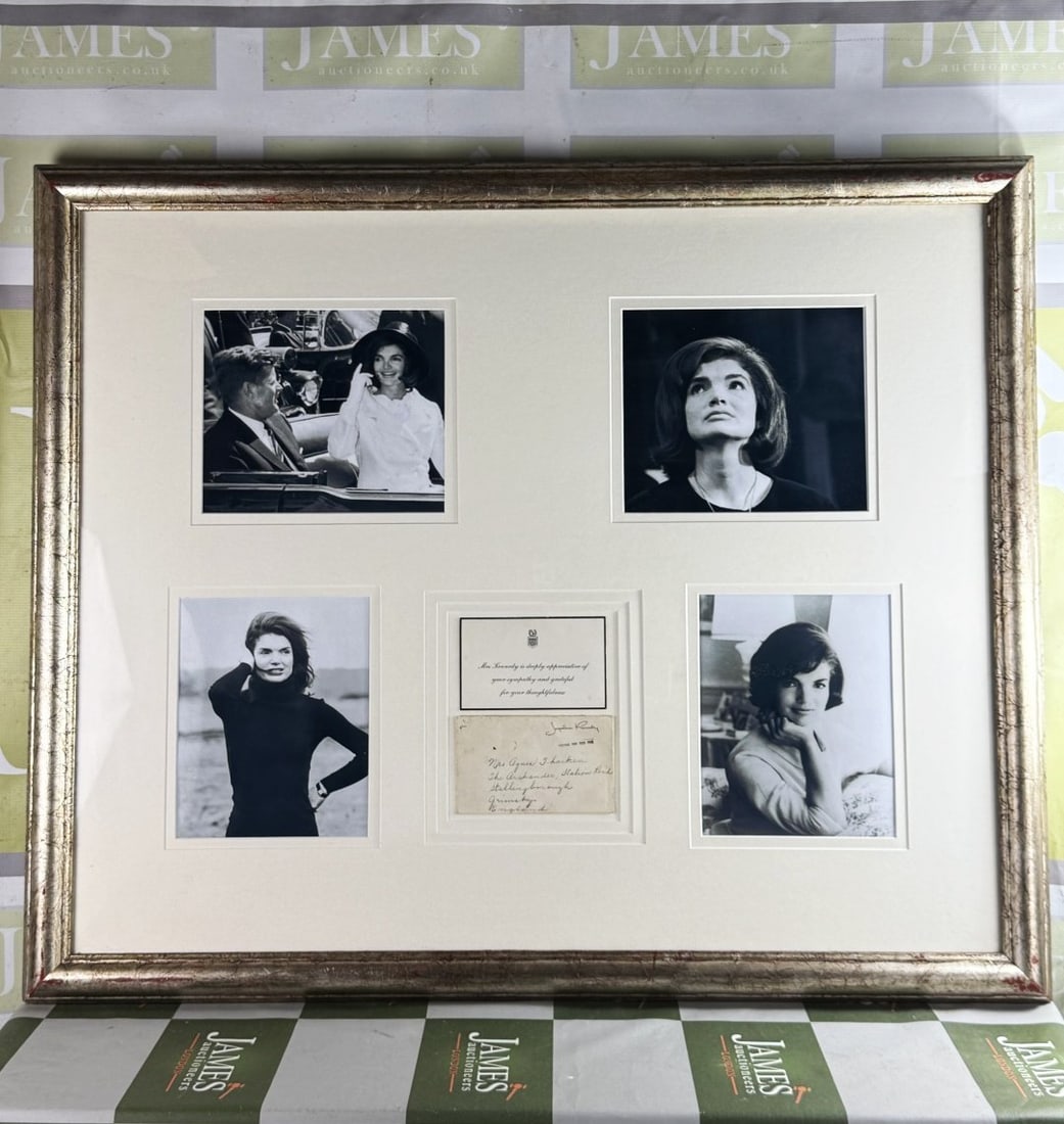 Kennedy Interest- Stunning Montage Of The Late Jackie `O` Mrs Kennedy Signed Example: "Kennedy Interest- Stunning Montage Of The Late Jackie `O` Mrs Kennedy Signed Example- A thankyou note along with four stunning pictures of Mrs Kennedy. The note expresses deep appreciation for sympat