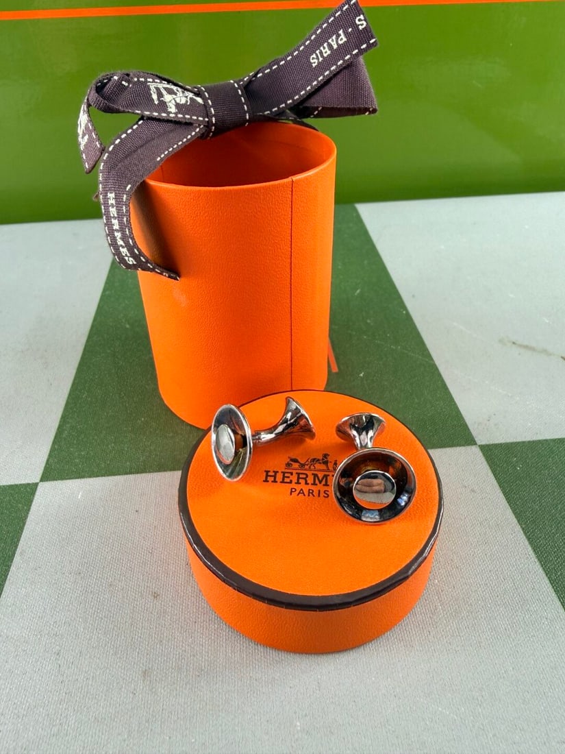 Hermes Paris Vintage & Very Rare Cufflinks Silver With Orange Enamel. - 2