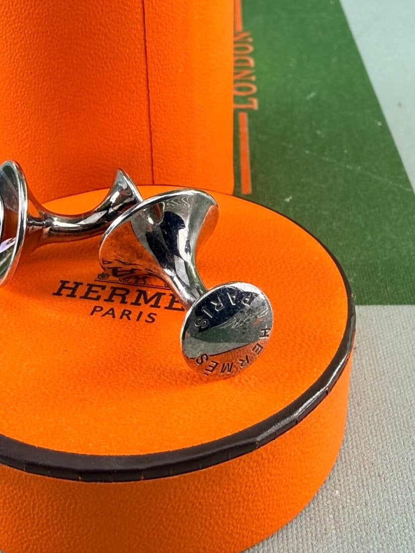 Hermes Paris Vintage & Very Rare Cufflinks Silver With Orange Enamel. - 5