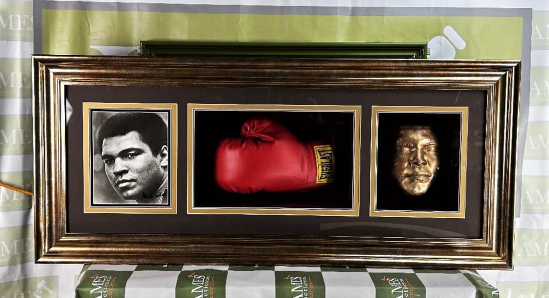 Muhammad Ali Signed Montage Everlast Glove/Picture and Dipped Gold Face Cast: Muhammad Ali Signed Montage- Everlast signed Glove and Dipped Gold Face Cast, signed picture, professionally framed solid wood case, triple mount and velevt crushed interior, stunning hand made