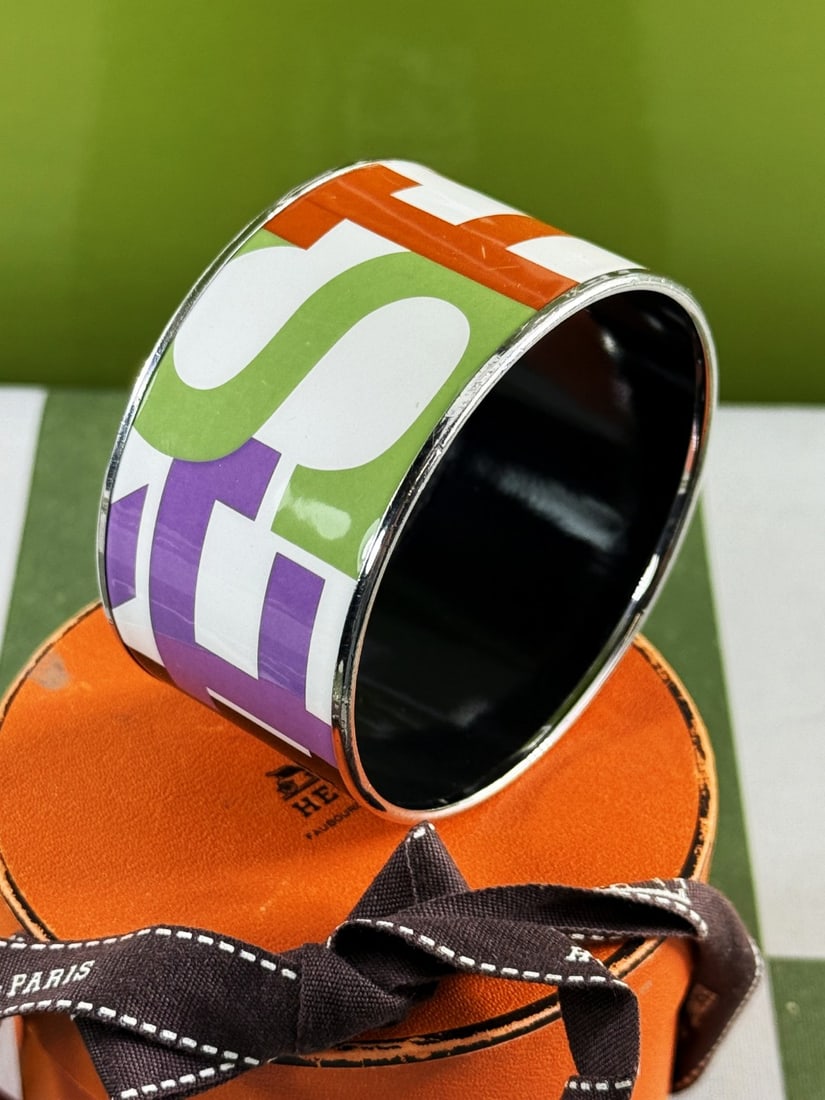 Hermes Paris Wide Ceramic & Monogram Bangle-Rare Example: Hermes Paris Wide Ceramic & Monogram Bangle-Rare Example-as pictured with original outer Hermes box & Ribbon, dimensions piuctured.