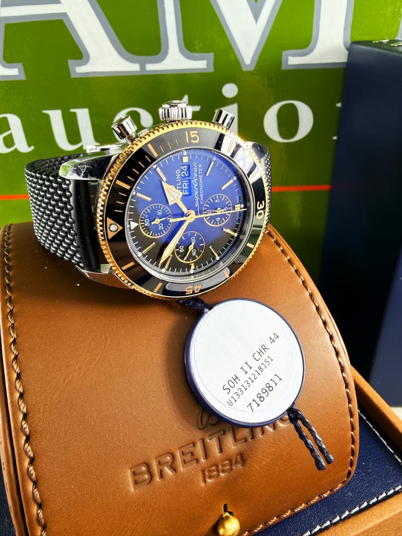 Breitling Superocean Rose Gold Ceramic Automatic Chronograph Watch: Gents Breitling Superocean automatic wound chronograph wristwatch, model U13313. Bimetal case having rotating bezel and signed to rear cover, 44mm on two piece black rubber branded strap with deployme