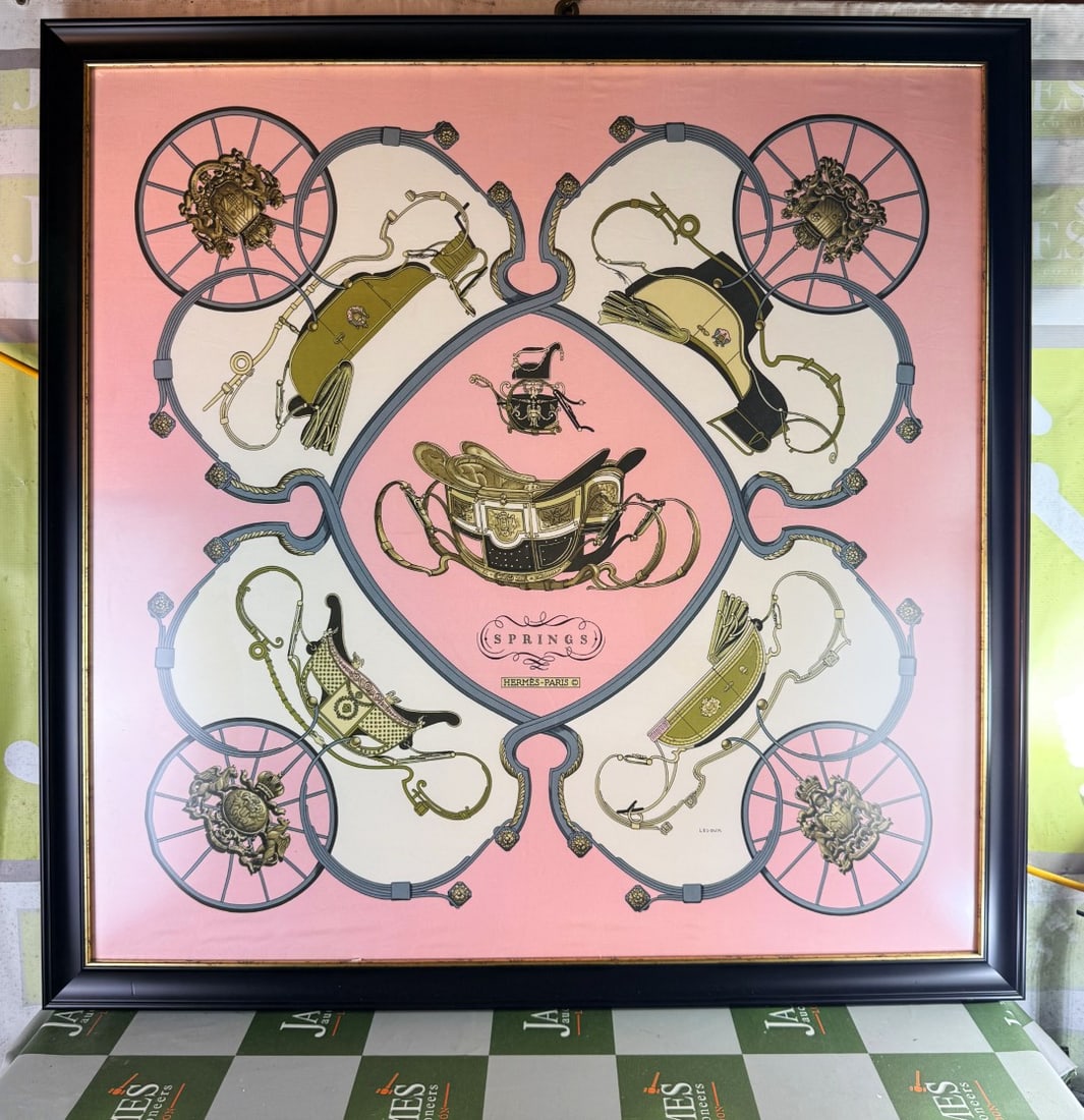 Hermes Paris Silk Vintage Pink Themed Scarf Professionally Framed (1 of 6)