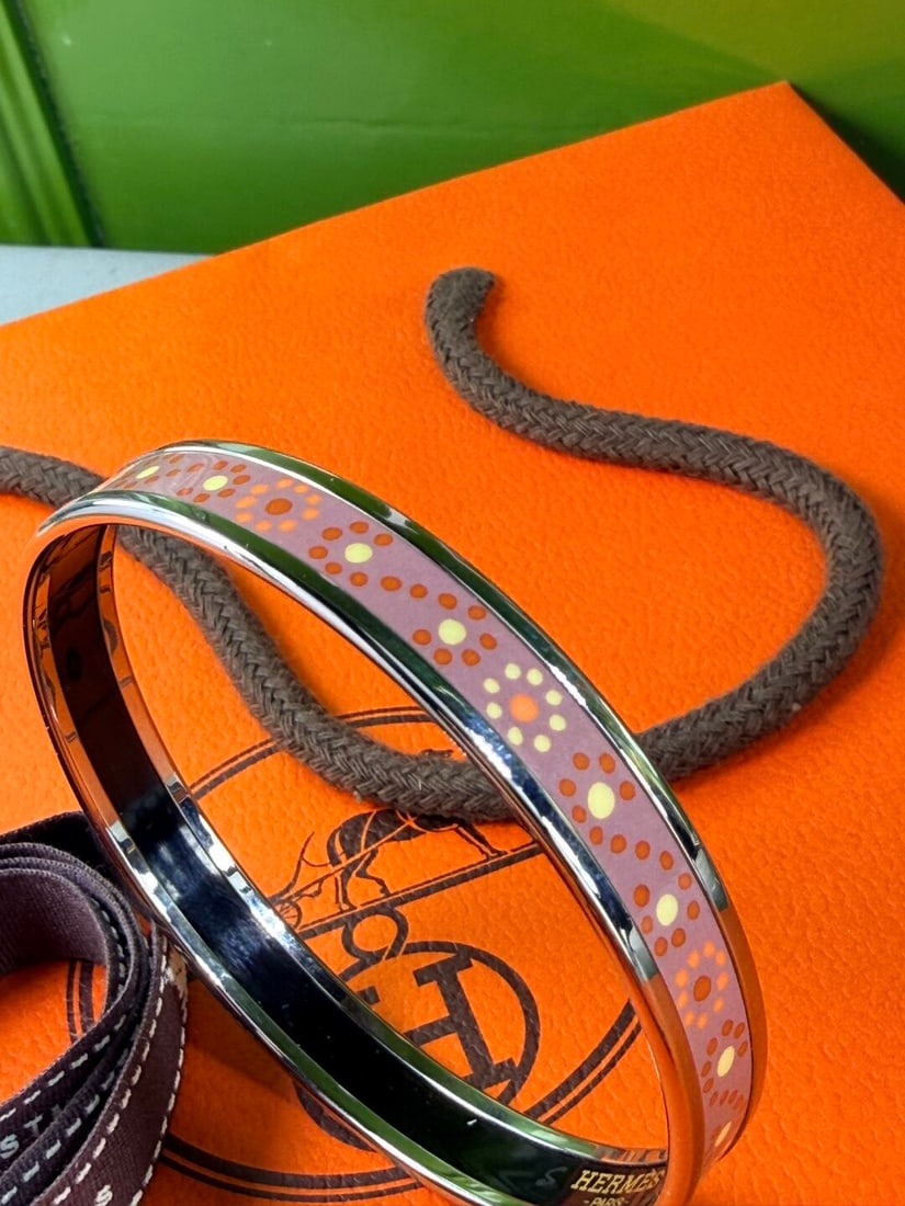 Hermes Paris Silver & Pink Enamel Patterened Bangle - 3