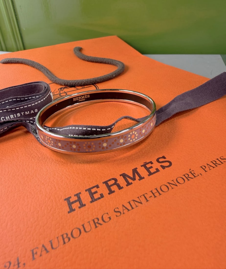 Hermes Paris Silver & Pink Enamel Patterened Bangle - 4