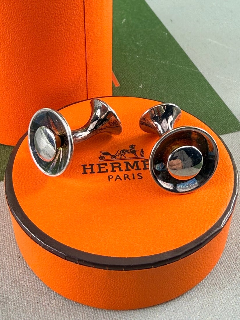 Hermes Paris Vintage & Very Rare Cufflinks Silver With Orange Enamel. - 3