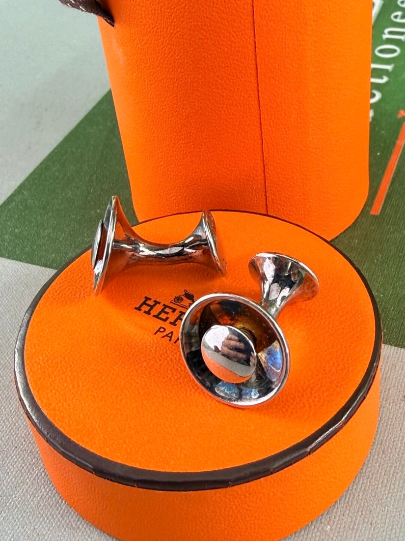 Hermes Paris Vintage & Very Rare Cufflinks Silver With Orange Enamel. - 4
