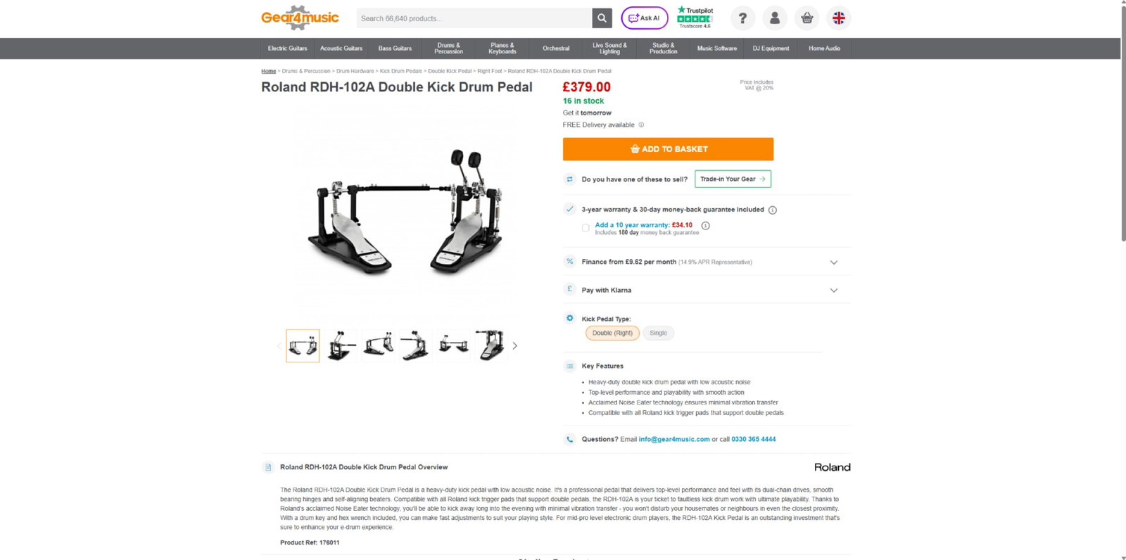 SOLD VIA BUY IT NOW-PLEASE DO NOT BID-Roland RDH-102A Double Kick Drum Pedal - 6