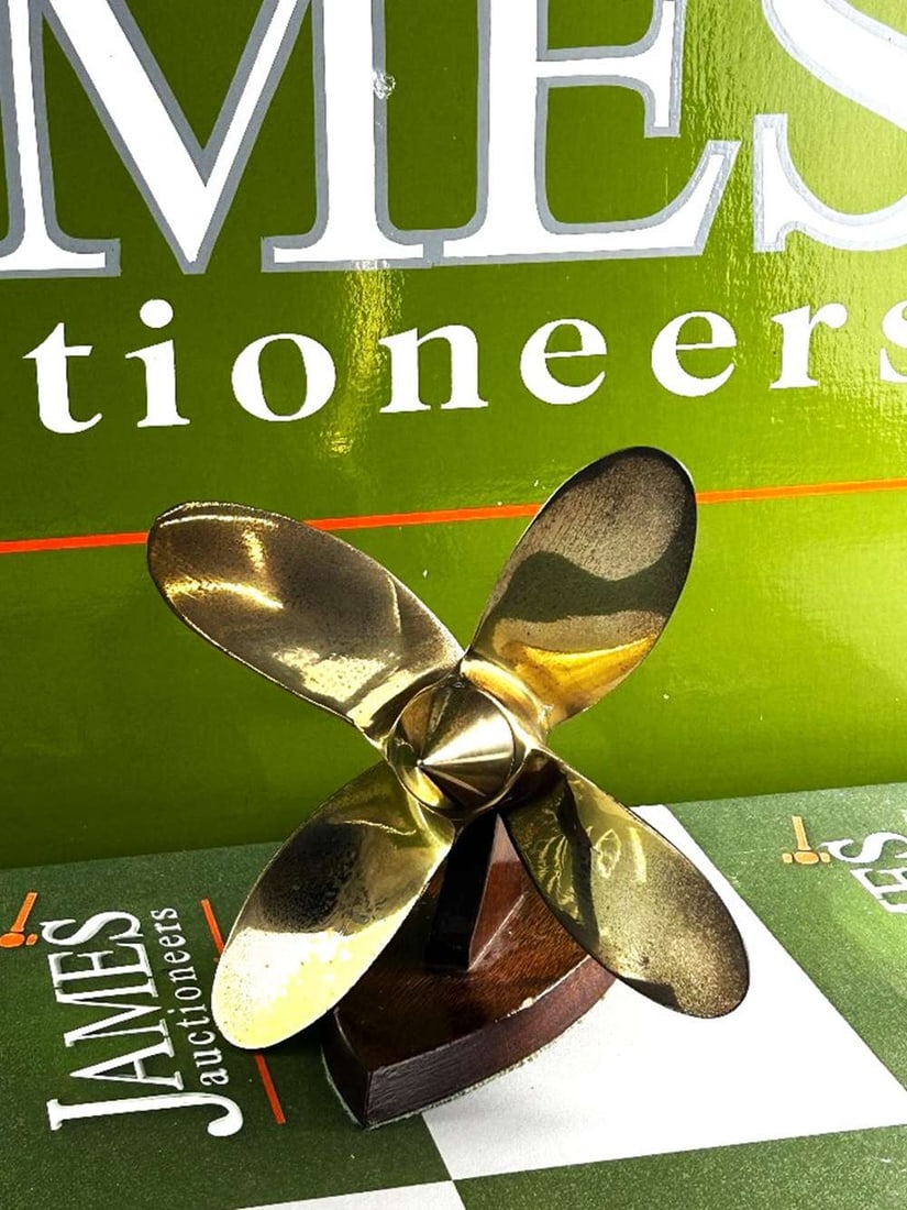 A Handmade Desk Top Vintage Brass Propeller On Wooden Display Stand - 2