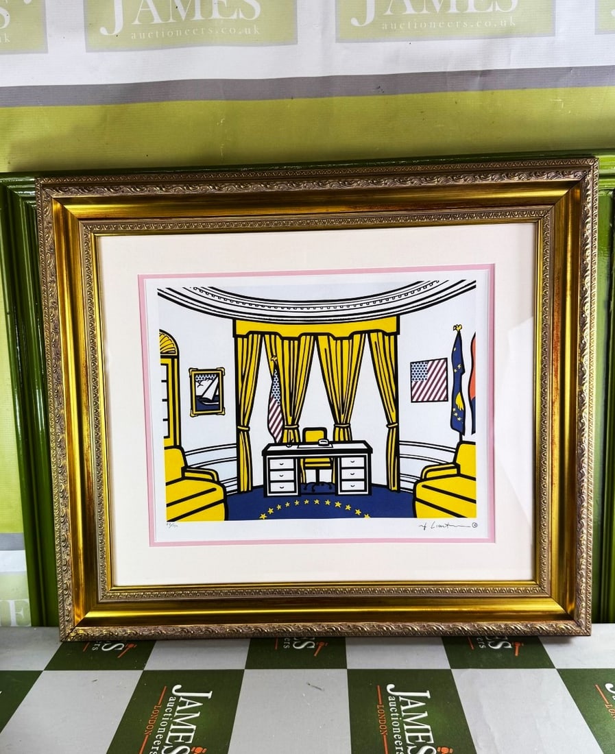 Roy Lichenstein (1923-1997) The Oval Office 1992: Roy Lichenstein (1923-1997) The Oval Office 1992,Professionally framed using museum quality perspex and double mount with colour border, gold finish ornate framed. Dimensions & number of limited p