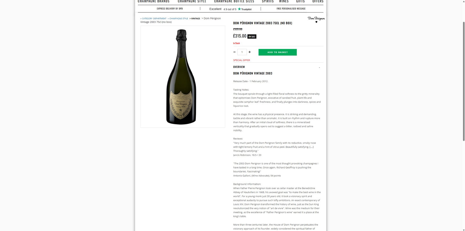 Dom Perignon Vintage 2003 Champagne 75cl 12.5% - 5