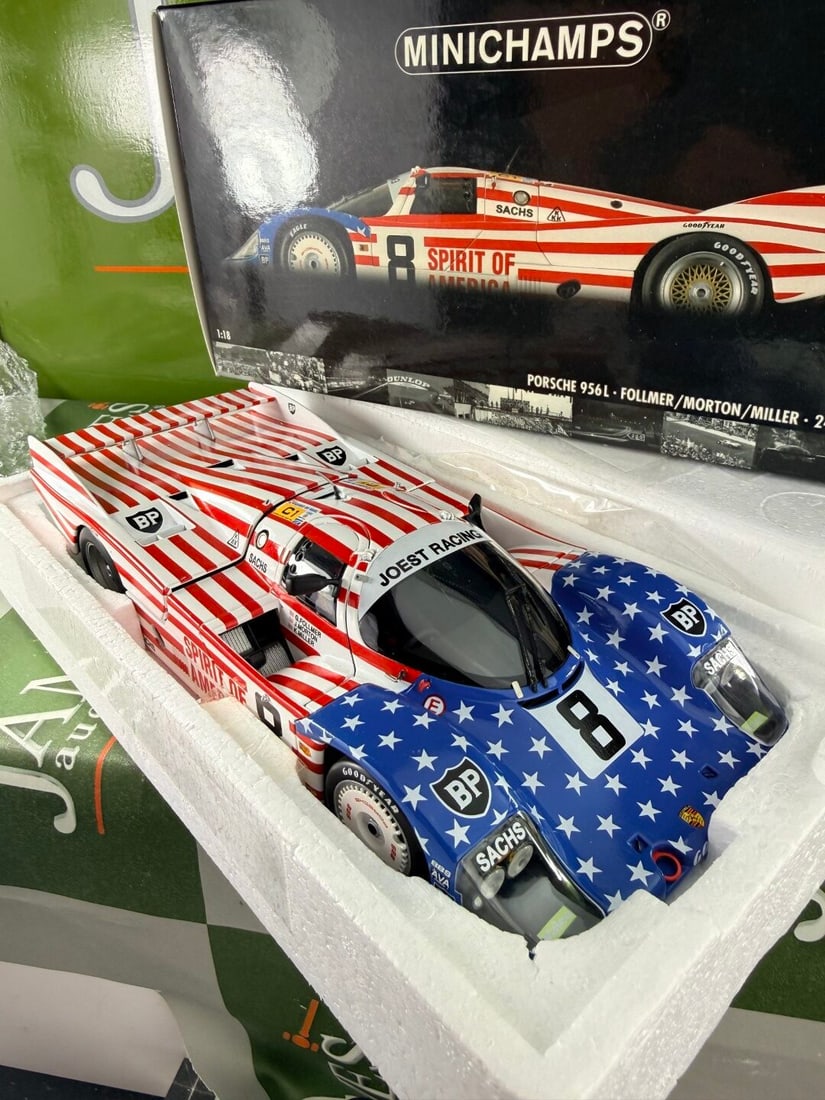 Minichamps 1/18 Porsche 956L Stars & Stripes Follmer/Morton/Miller 24H Le Mans 1986: Minichamps - A boxed Minichamps 1/18 scale #180 866508 Porsche 956L 'Stars & Stripes' Follmer/Morton/Miller 24H Le Mans 1986, complete with original packaging as pictured.