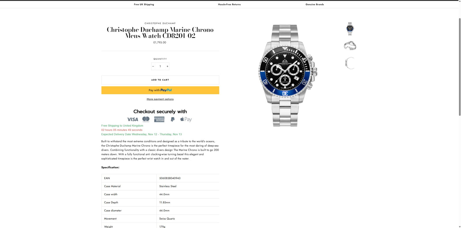 Christophe Duchamp Gent`s Marine Chronograph Watch 44mm Bezel Rrp GBP 1750 - 2