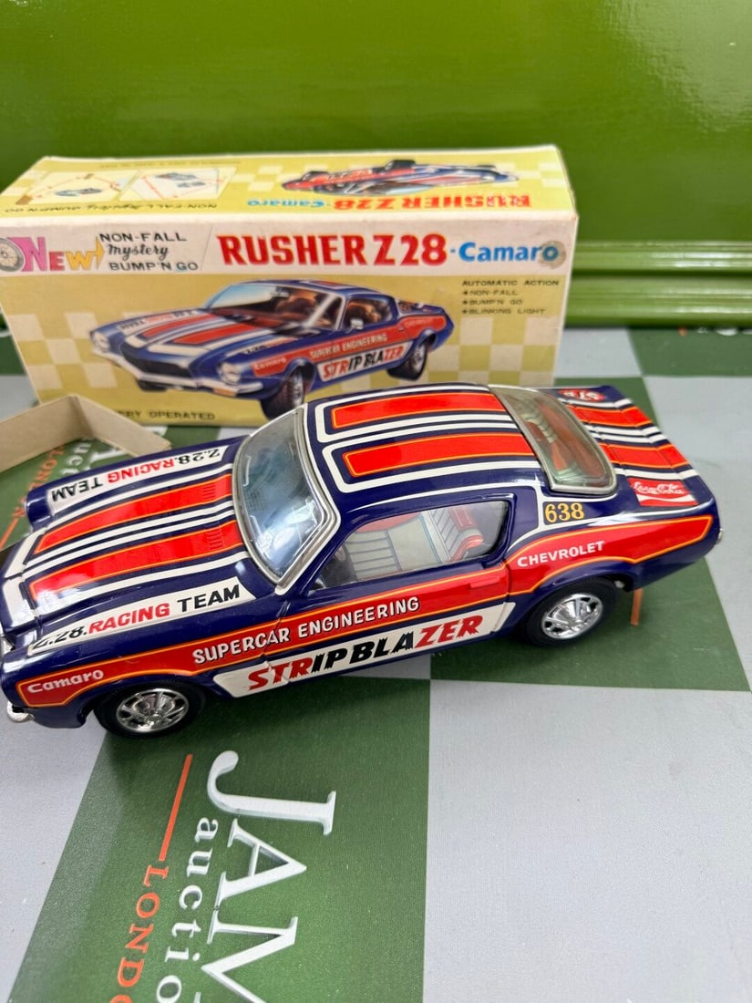 Boxed Vintage Japanese Tinplate Battery Operated Rusher Car Z28 Camaro Circa 1960s - 2