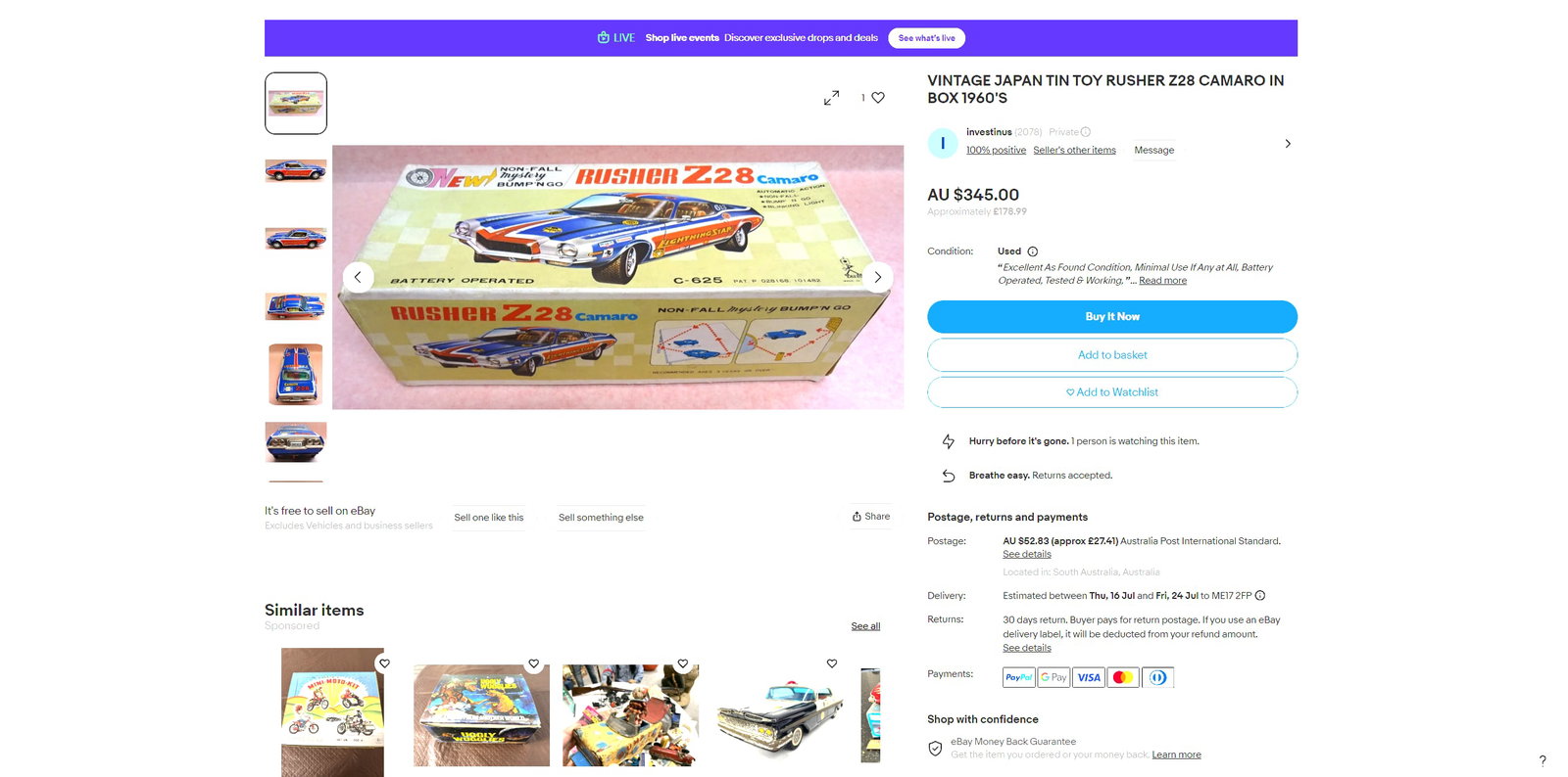 Boxed Vintage Japanese Tinplate Battery Operated Rusher Car Z28 Camaro Circa 1960s - 8