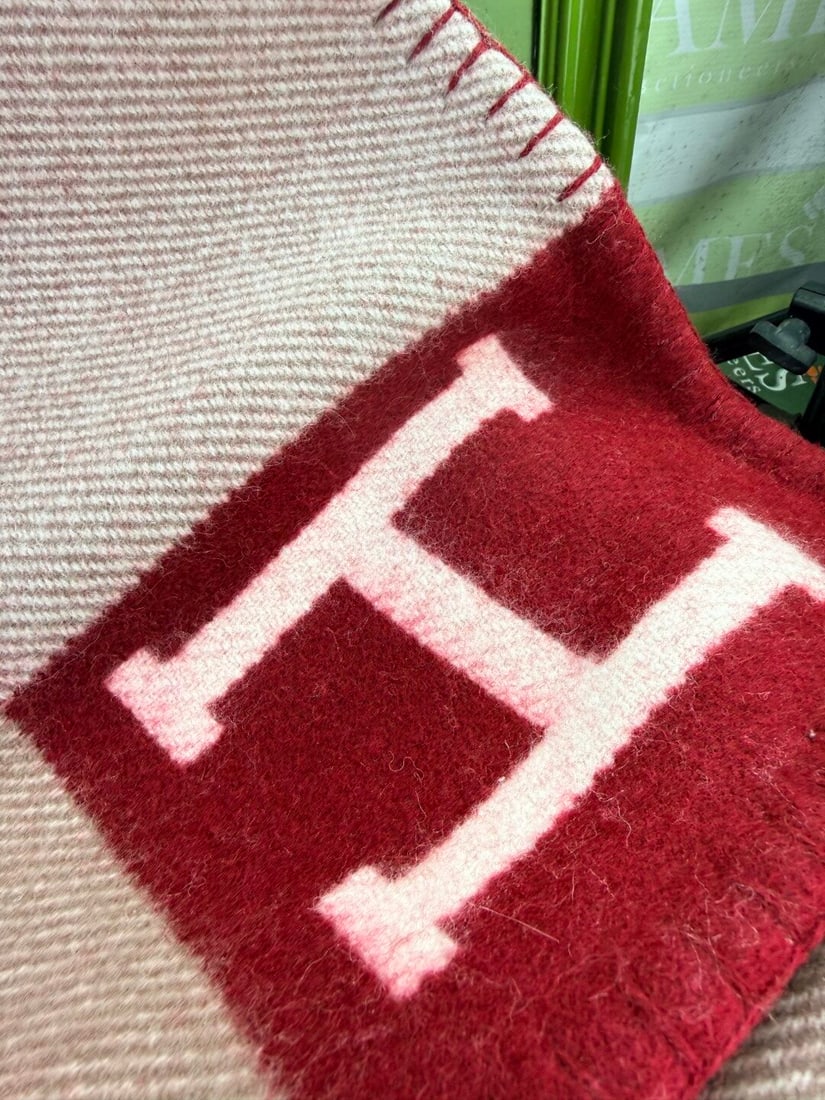 Herms Paris Avalon Large Check Blanket/Throw Finished In Red/Beige Merino Wool & Cashmere Rectangula - 3