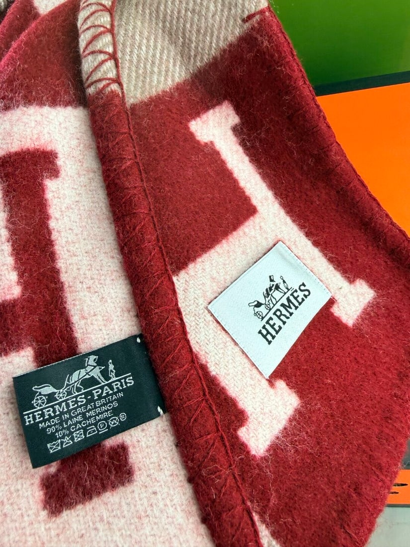 Herms Paris Avalon Large Check Blanket/Throw Finished In Red/Beige Merino Wool & Cashmere Rectangula - 5