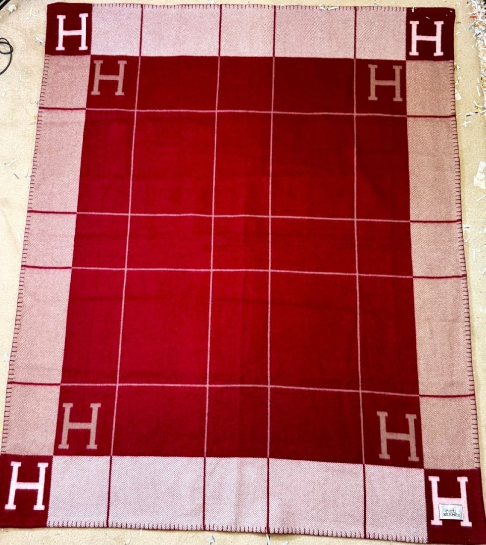 Herms Paris Avalon Large Check Blanket/Throw Finished In Red/Beige Merino Wool & Cashmere Rectangula - 9