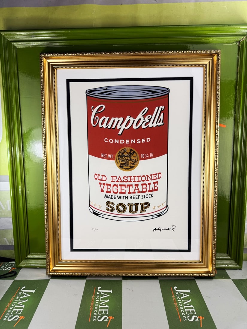 Andy Warhol-(1928-1987) Campbells Numbered Lithograph #24/100: Andy Warhol-(1928-1987) "Campbells" Numbered Lithograph #24/100 Professionally framed using museum quality perspex and double mount, gold finish ornate framed. Dimensions & number of limited print