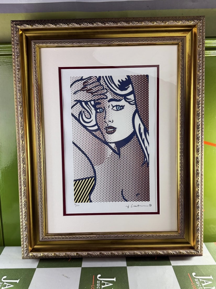 Roy Lichenstein (1923-1997) `Gazing` Numbered Ltd Edition Lithograph #35/150: Roy Lichenstein (1923-1997) `Gazing` Numbered Ltd Edition Lithograph #35/150. Professionally framed using museum quality perspex and double mount, gold finish ornate framed. Dimensions & number of