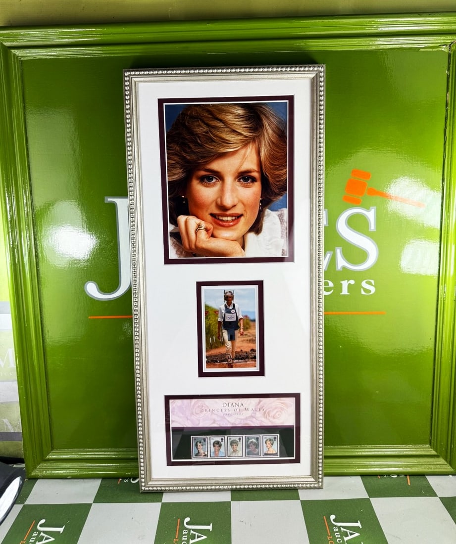 Princess Diana Picture Royal Mail Stamp Montage Professionally Framed: Princess Diana Picture Royal Mail Stamp Montage Professionally Framed, includes as pictured an original Royal Mail Sealed Princess Diana stamp collection set, a signed replica print and large a4