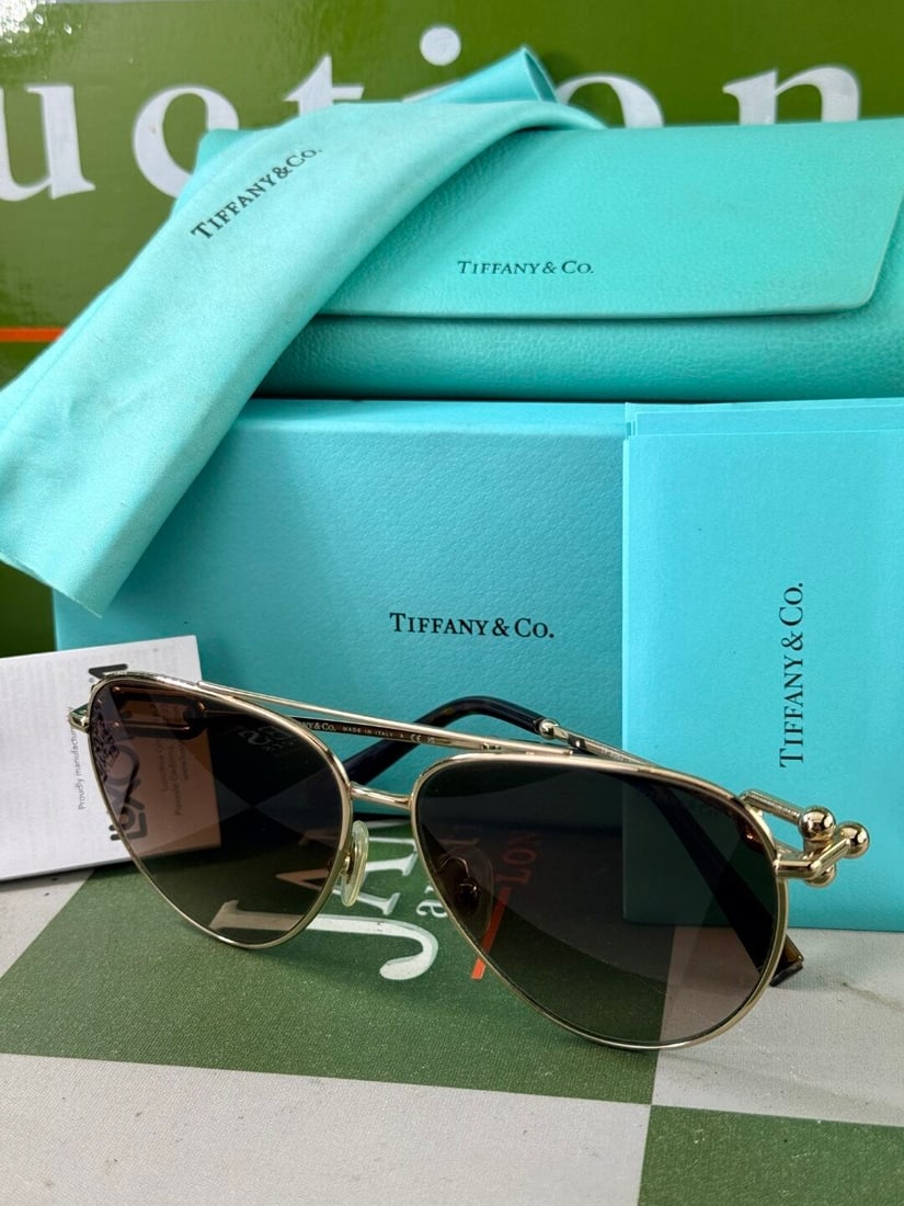 Tiffany & Co. Aviator Gold & Green Classic Sunglasses: Tiffany & Co. Aviator Gold & Green Classic Sunglasses, as pictured with original packaging, case etc.