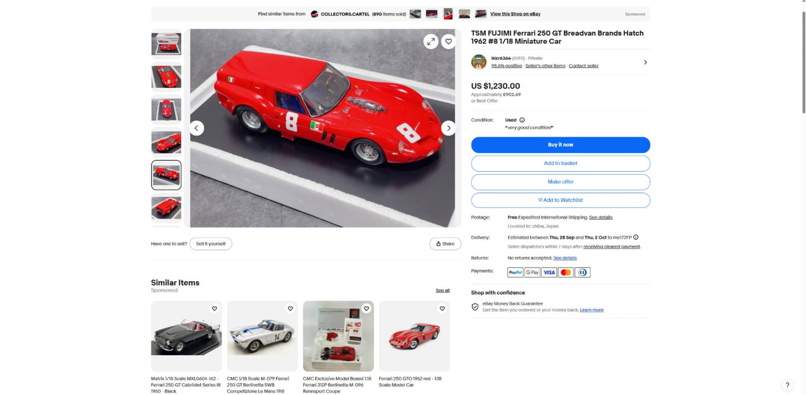 SOLD VIA BUY IT NOW-PLEASE DO NOT BID-Super Rare-Fujimi 1:18 Scale 1962 Ferrari 250 GT Breadvan - 12