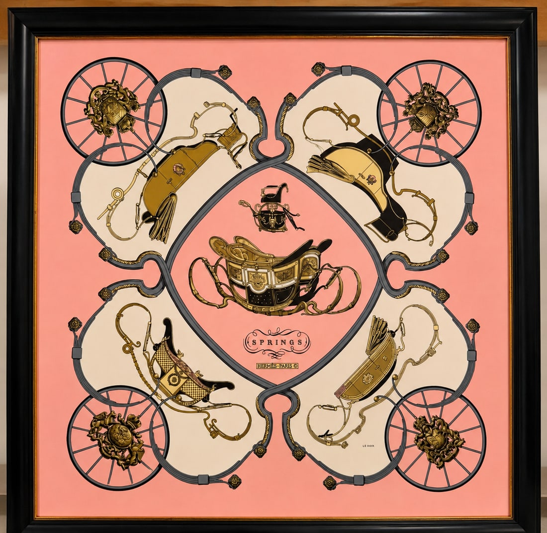 Hermes Paris Silk Vintage Pink Themed Scarf Professionally Framed: A huge mantle piece stunning full size and vintage Hermes Paris Silk Pink carriage themed scarf, Professionally Framed, interesting lot of a vintage silk scarf made by the famous Hermes Paris brand.