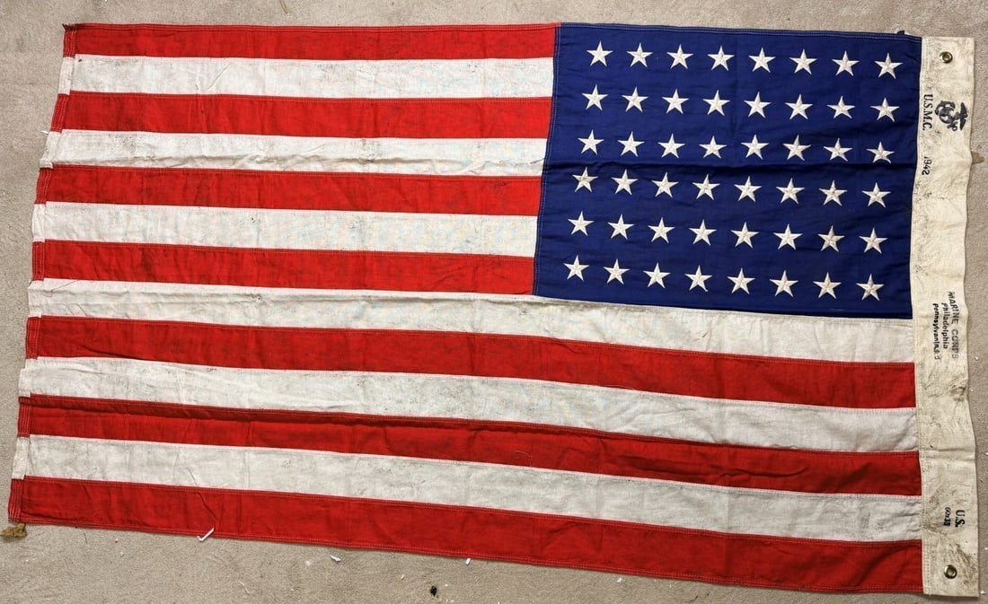 WW2 American U.S. Marines Flag Dated 1942 Multi-Piece Flag-Professionally Framed - 2