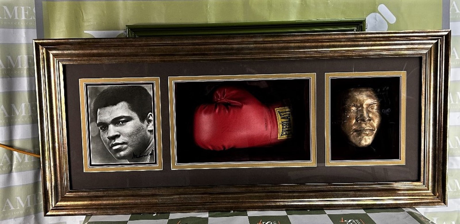 Muhammad Ali Signed Montage Everlast Glove/Picture and Dipped Gold Face Cast - 10