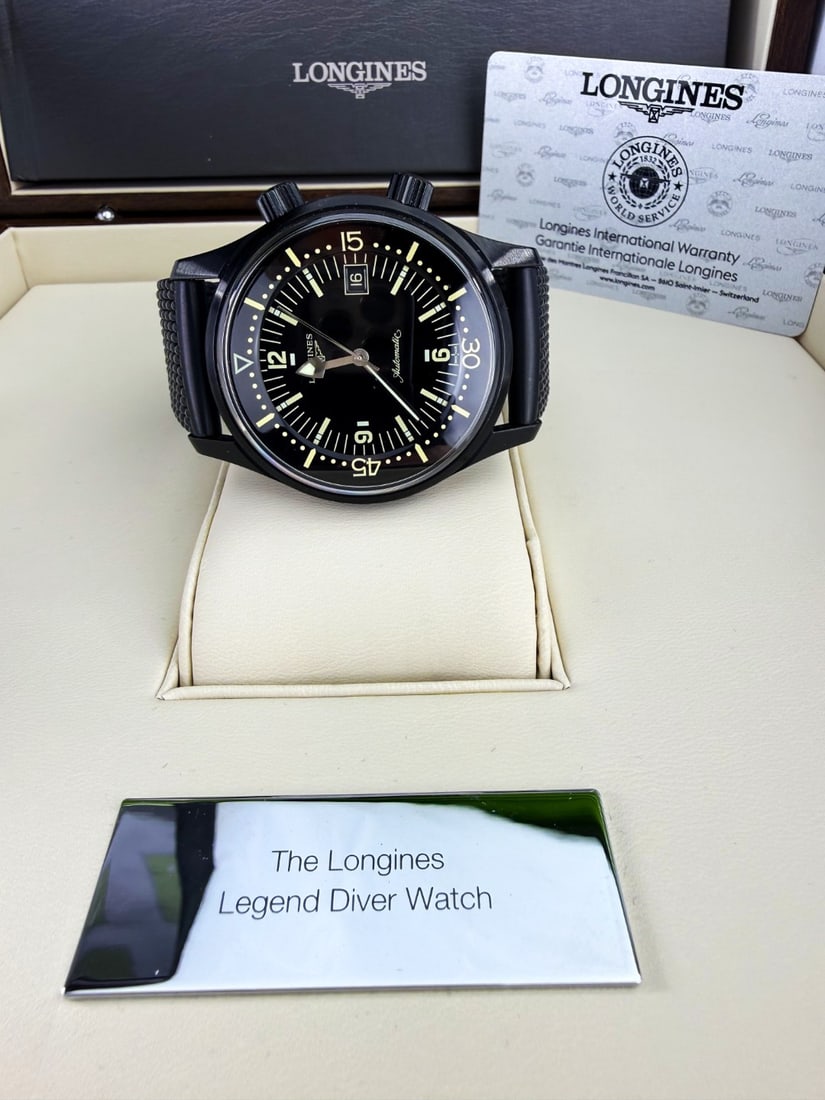 Longines Legend Diver Mens 42 M`Black Edition` Rrp GBP 2700: Longines Legend Diver Men's Black Watch - L3.774.2.50.9 Originally designed for underwater exploration,. icon of watchmaking since 1959. Automatic movement, two crowns and internal rotating bezel.
